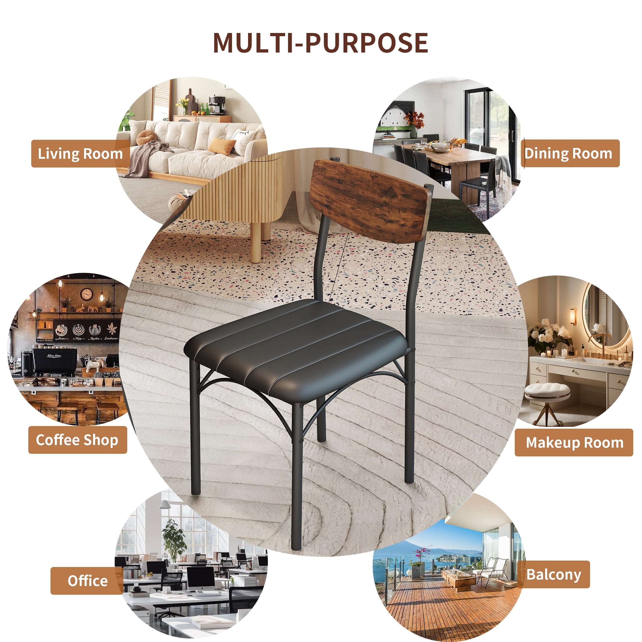 Dining Chair Set of 4, PU Leather Dining Room Chairs, Rustic Kitchen Armless Side Chair with Iron Legs, Black&Brown