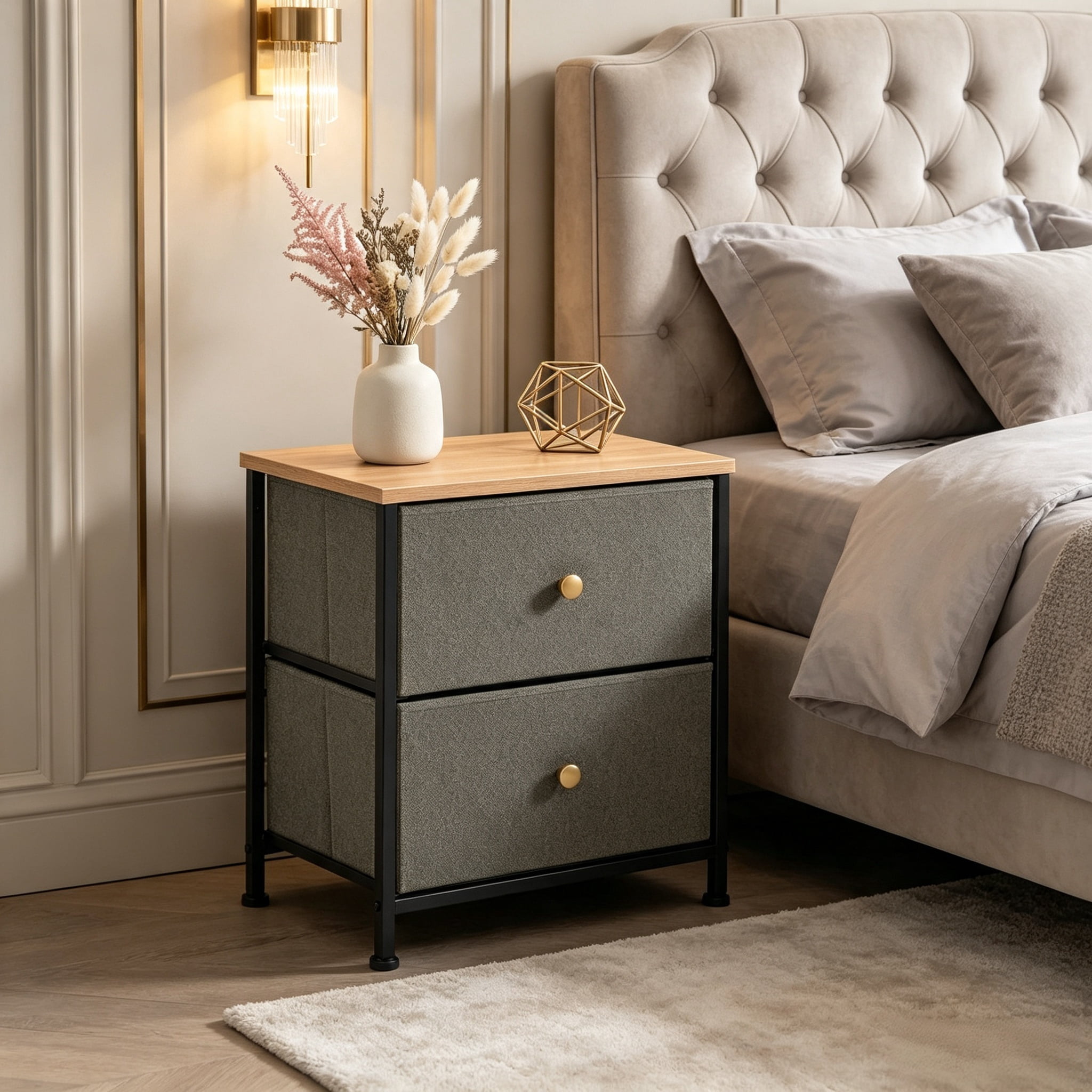 Double Drawer Bedside Table for Bedroom Living Room Storage