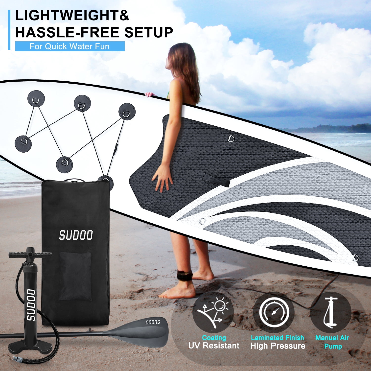SUDOO Inflatable Stand Up Paddle Board 10‘x30‘‘, Ultra-Light SUP Board with Backpack, Pump, Paddle, Coil Leash, 3 Fins, Repair Kit, Stable SUP with Non-Slip EVA Deck for Adults & Youth