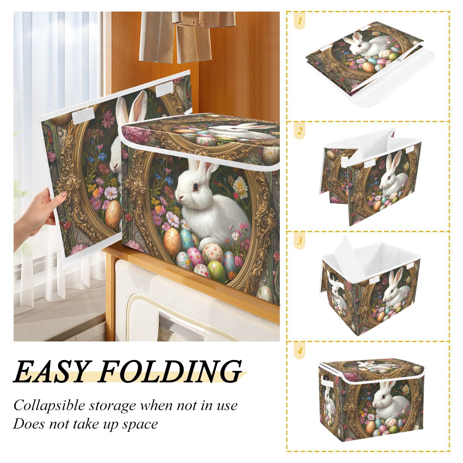 Rabbit Easter Eggs Flowers Storage Basket for Shelves Foldable Container Organizer for Organizing Toys Clothes Books with Handles