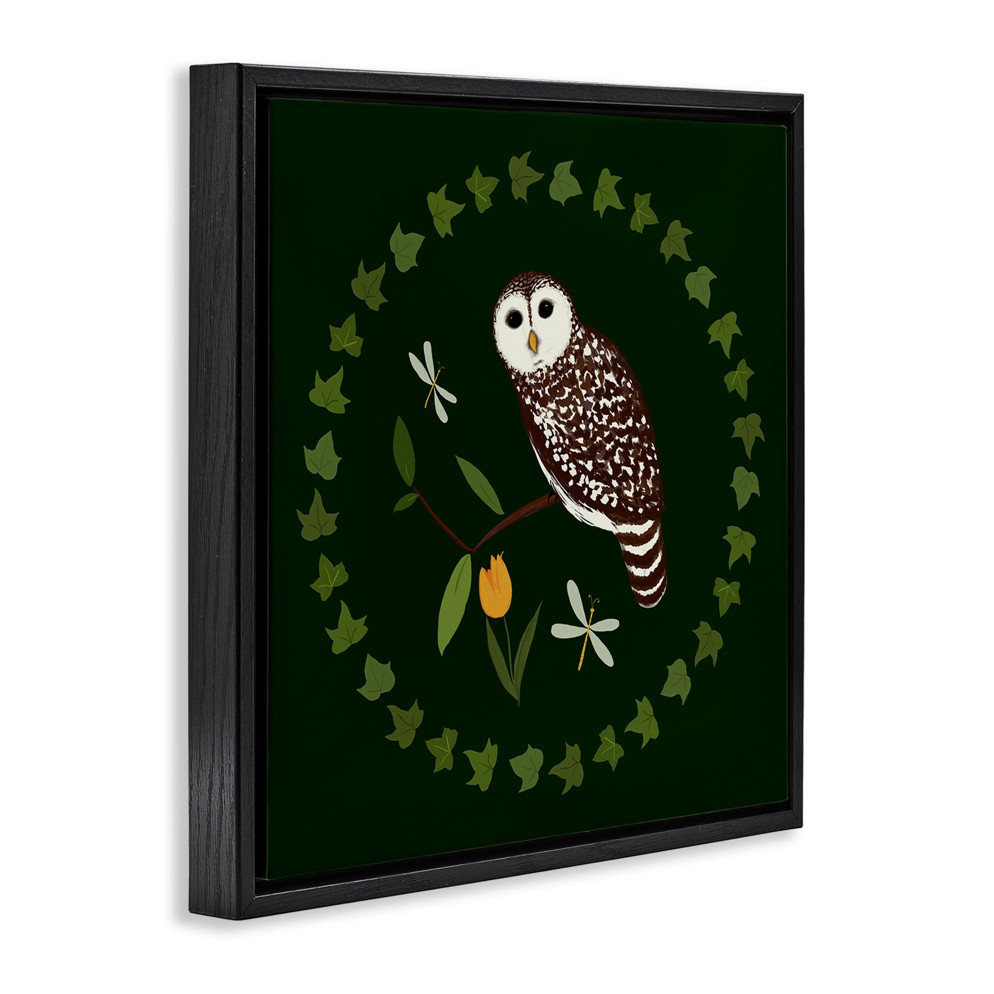 Stupell Industries Owl & Tulip Wreath Animals Painting Black Floater Framed Canvas Art Print Wall Art, 18 x 18