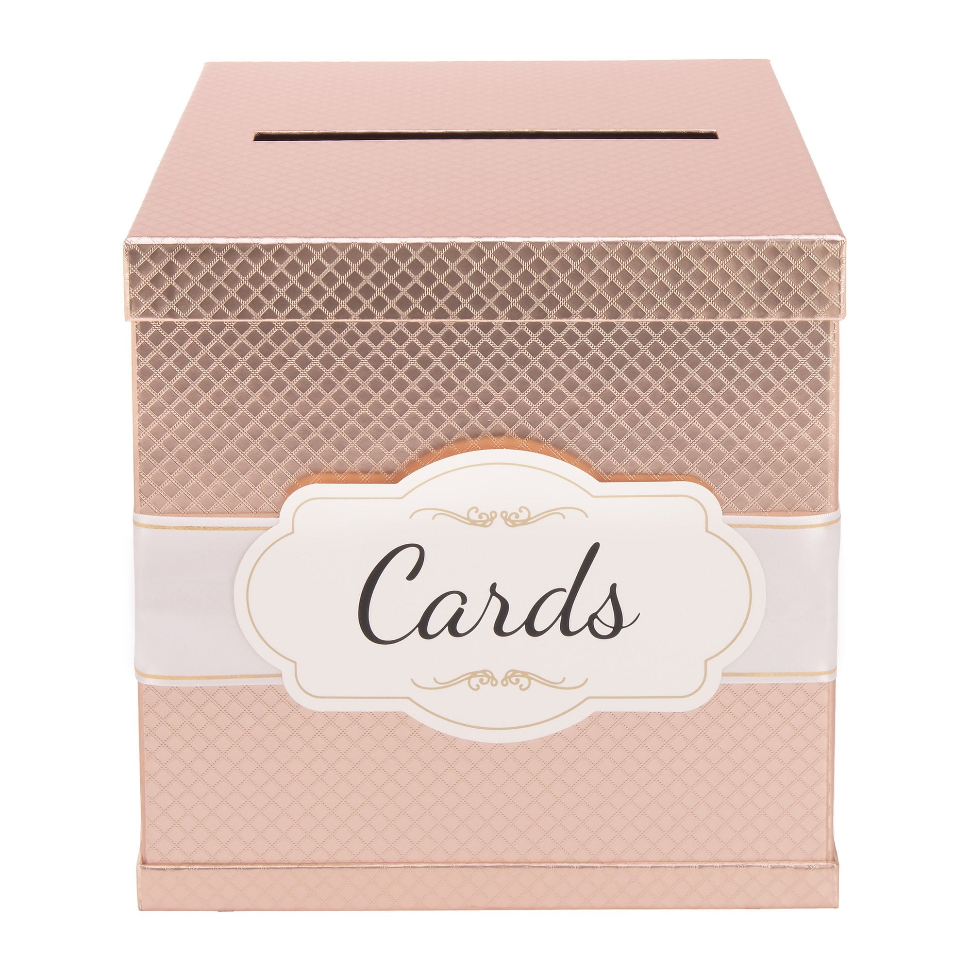 Merry Expressions Rose Gold Card Box - Gold-Foil Satin Ribbon & Cards Label - 10x10 Large Premium Finish, Perfect in Wedding Receptions