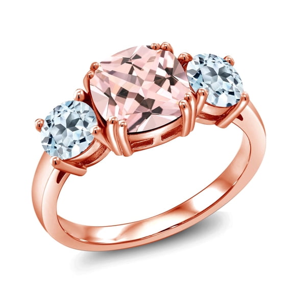 Gem Stone King 18K Rose Gold Plated Silver Peach Nano Morganite and Sky Blue Topaz 3 Stone Engagement Ring for Women (3.40 Cttw, Gemstone October Birthstone, Cushion 8MM, Size 8)
