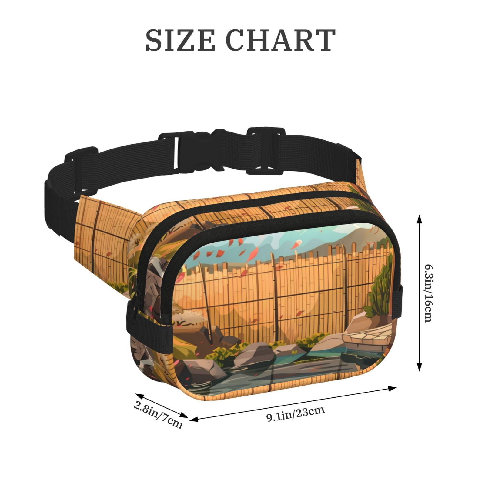 Picia Tranquil Garden Landscape Print Square Double-Layer Waist Bag Mini Adjustable Waist Belt Bag Exercise Running Travel Hiking