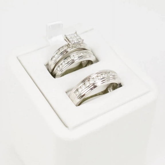 TAAPSEE JEWELS His & Her Trio Ring Set 2Ct Round Cut CZ 14K White Gold Finish Silver