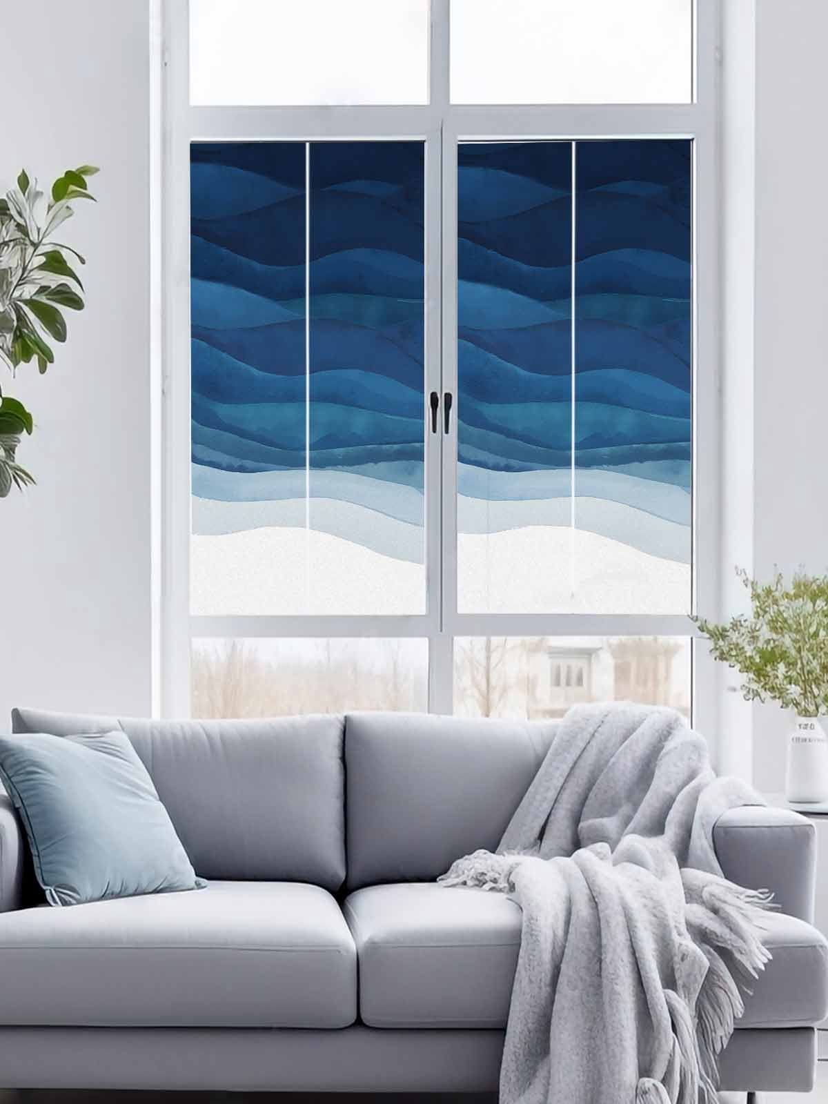 Sun Blocking Glass Window Film, Navy Blue Ombre Window Privacy Film Frosted, Abstract Modern Stripe Waves Moires Reusable Windows Privacy Sticker for Home Decor, Nursery, 23.6 x 78.7 Inches