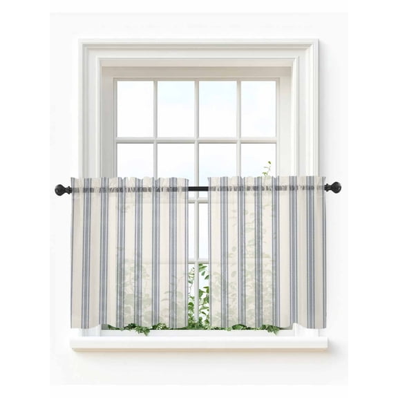 Blue Striped Tier Curtains 36 Inch Length, Sheer Curtains for Bedroom Living Room Window Modern Stripes Farmhouse Rod Pocket Voile Drapes Kitchen Curtains Small Half Window 27.5"x36" 2 Panels