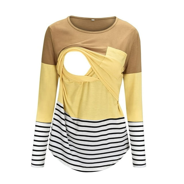 Heliisoer Blouse de Maternité à Col Rond à Rayures Patchwork Longue pour Femme Enceinte et Allaitement