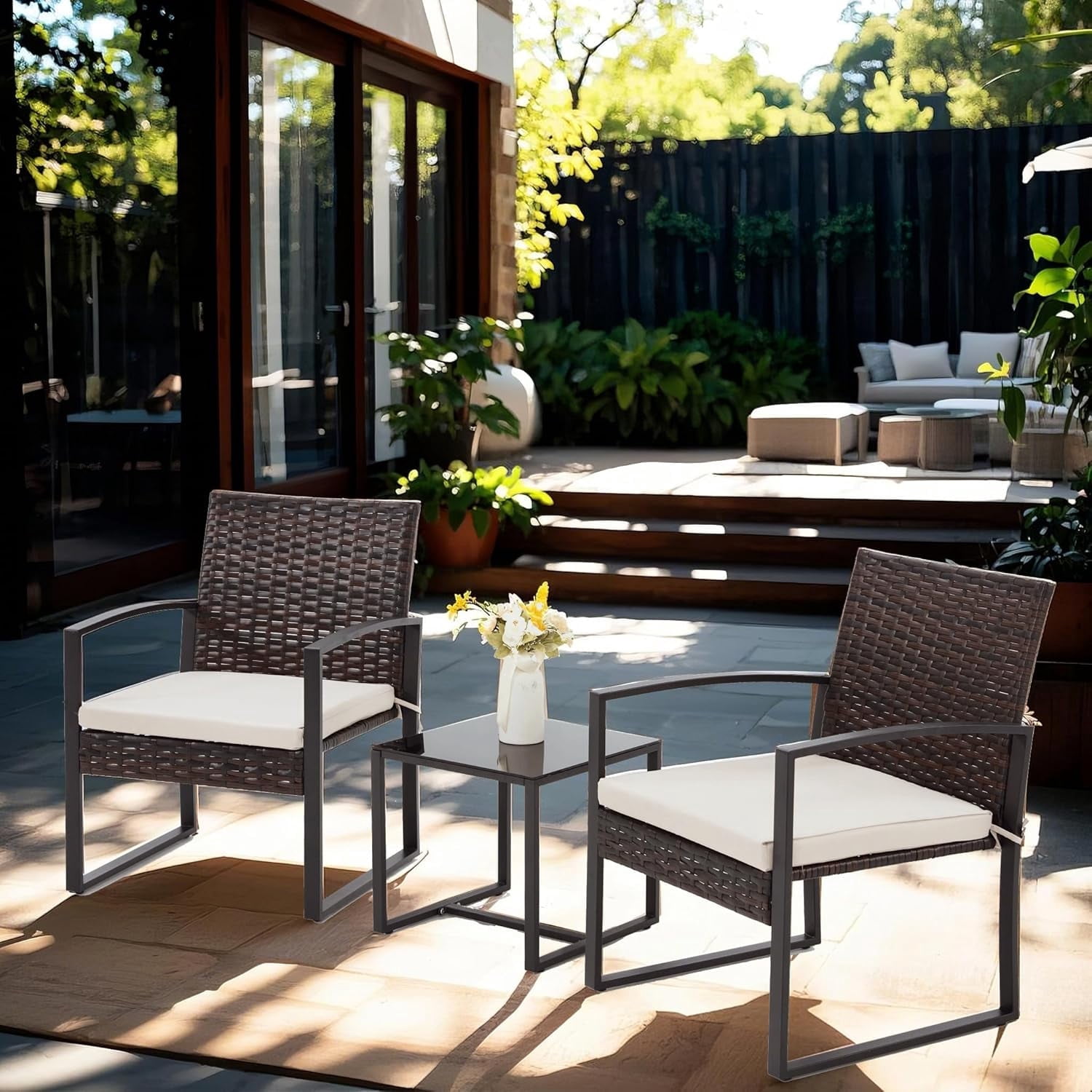 Bezseller 3-Piece Patio Bistro Set, Outdoor Rattan Furniture Patio Chairs with Coffee Table Conversation Set, Brown