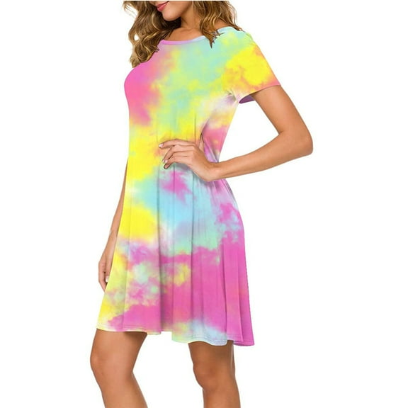 Drindf Women's Midi Tie Dye Dress Casual Short Sleeve O Neck Swing Dresses for Beach
