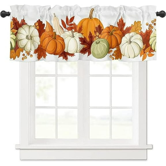Harvest Pumpkin Curtains Valance for Bedroom Living Room, Thanksgiving Fall Maple Leaves Curtains & Drapes Rod Pocket Seasonal Autumn Valance for Kitchen Window Curtains Over Sink 54x18in