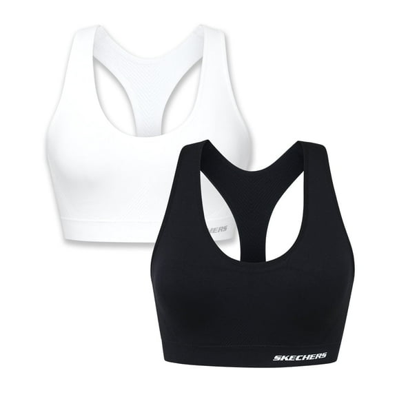 Skechers 2 Pack Women's Racerback Sports Bra - Seamless, Bright White/Jet Black, Flexible Movement, Sujetador Deportivo