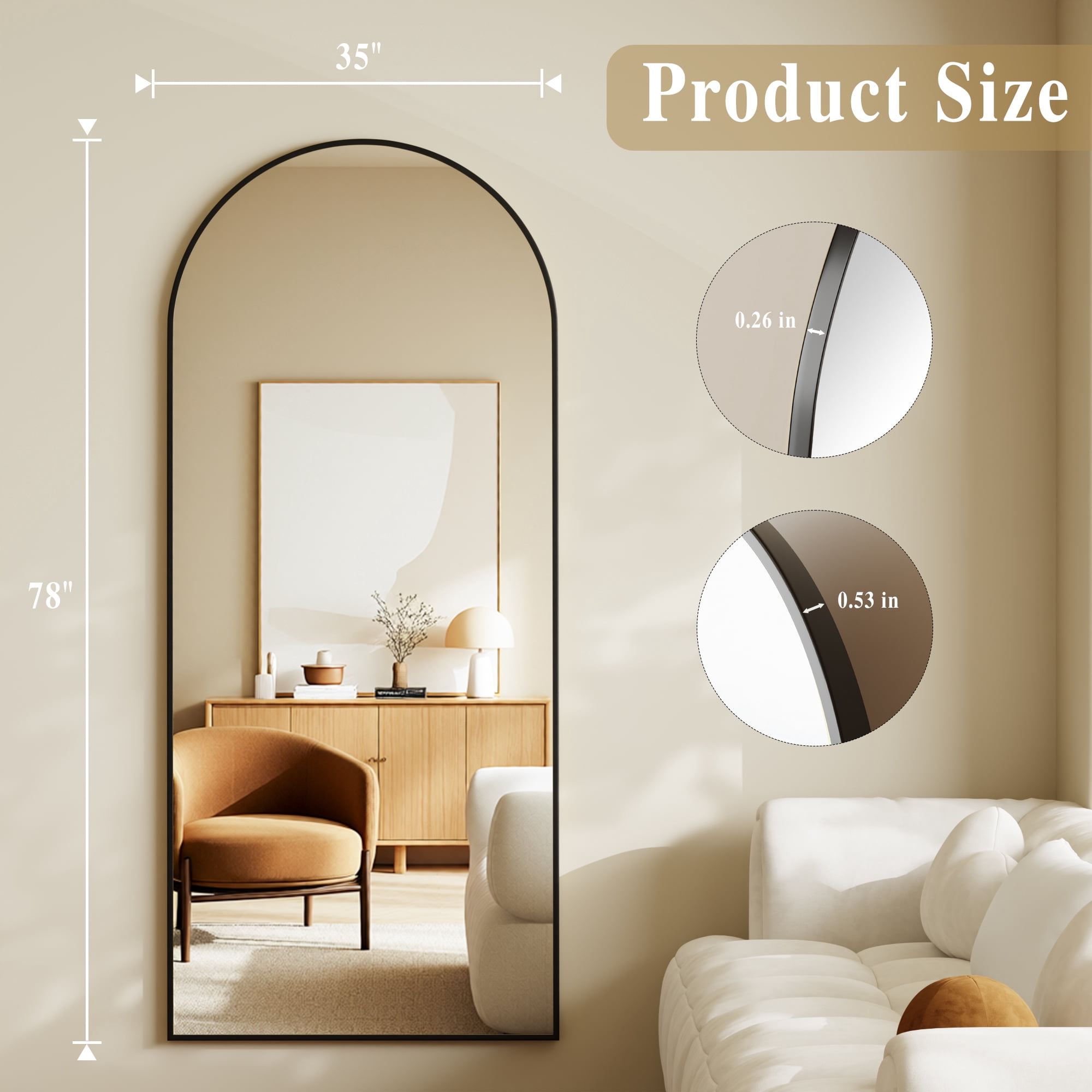 SHATTERVUE 78"x35" Arched Large Full Length Mirror Floor Mirrors Wall Mounted,Black