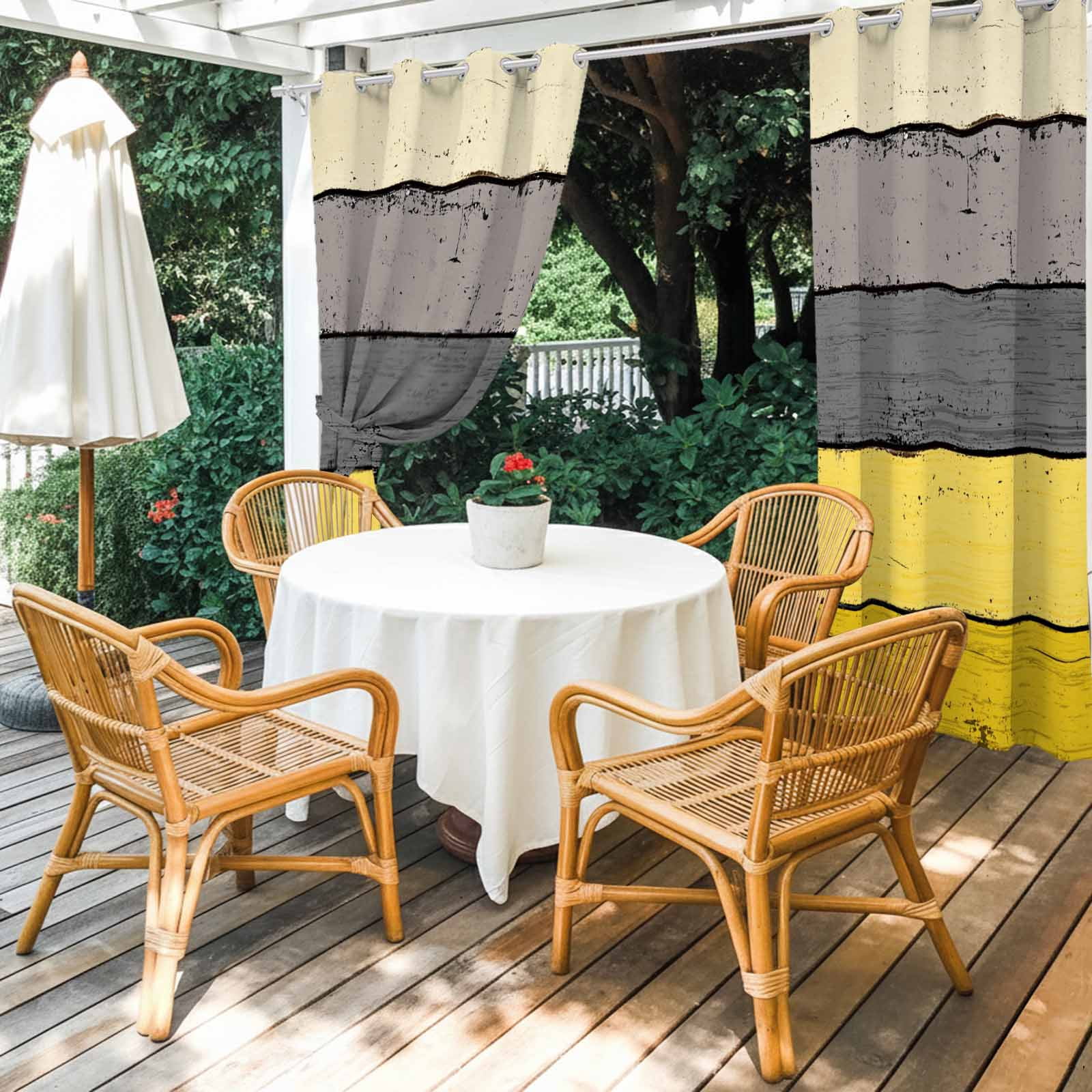 Outdoor Curtains for Patio Waterproof, Yellow Grey Windproof Pravicy Outside Porch Blackout Curtain, Vintage Stripe Farmhouse Wood Grain Ombre Sun Blocking Curtains for Cabana 2 Panels 54"x95"