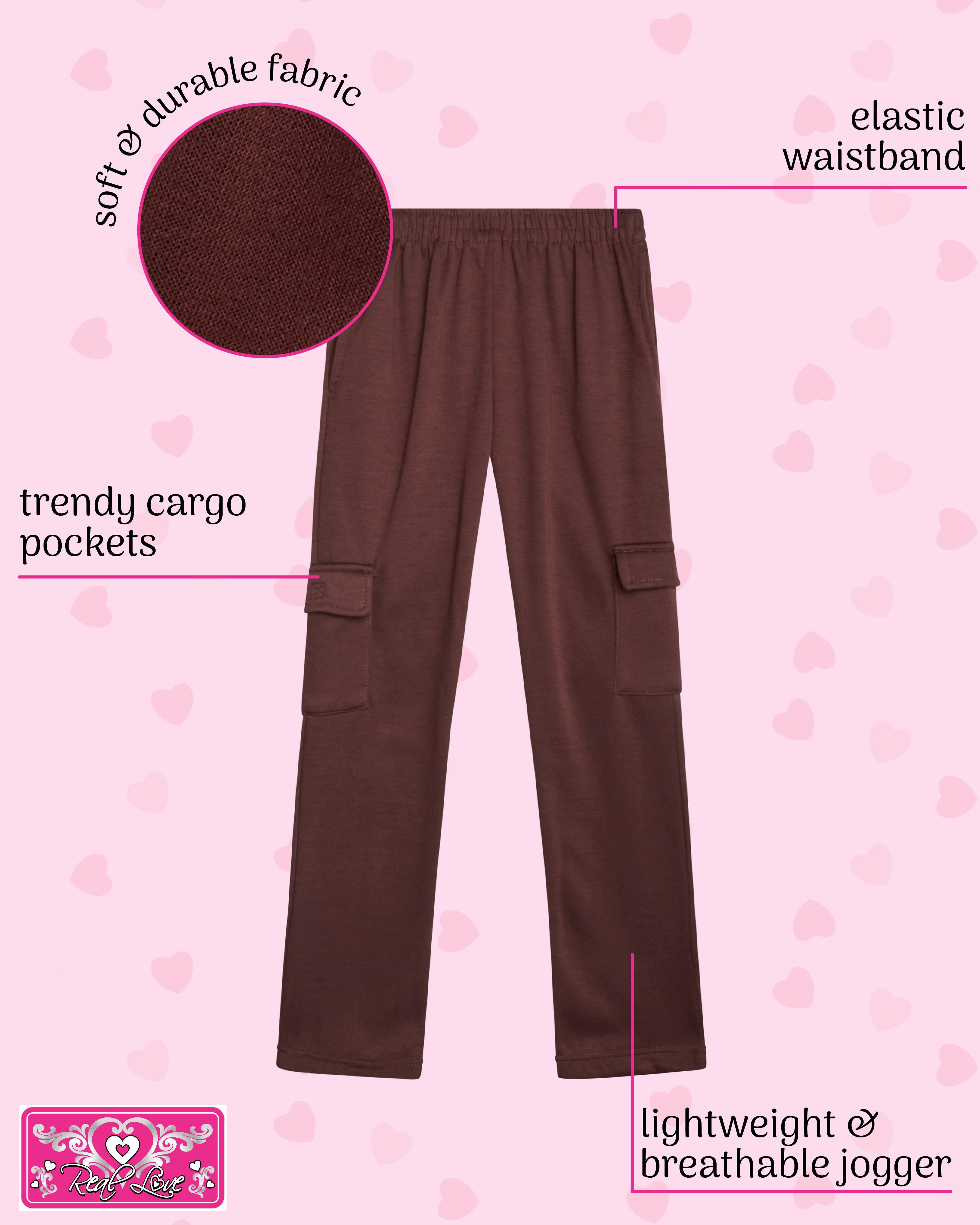 Real Love Girls Sweatpants Soft Lightweight Basic Fleece Cargo Jogpants, Joggers or Flares 4 Pack