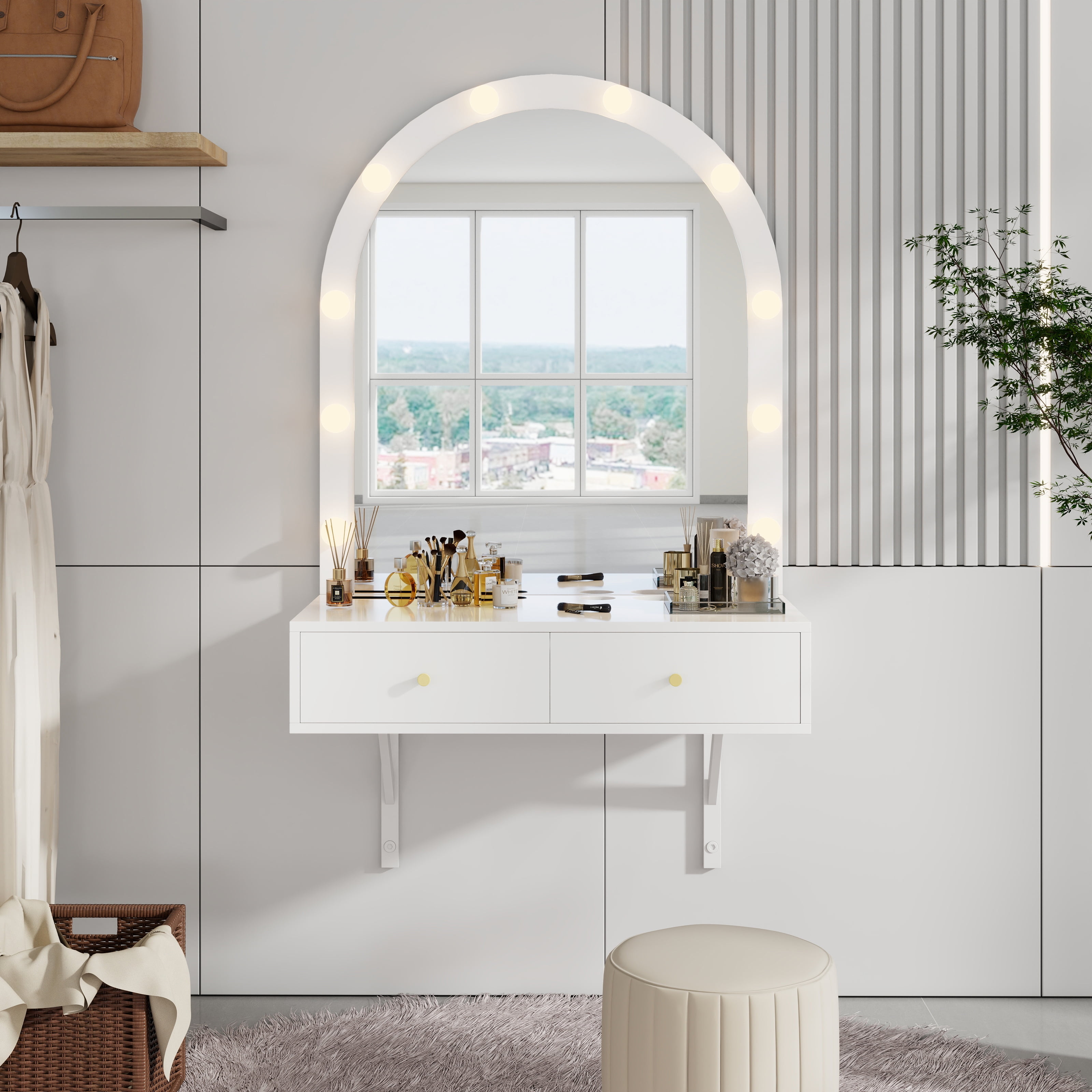 Euroco Wall-Mounted Makeup Vanity Desk with Lighted Mirror, Charging Port & Storage Drawers – Floating Design for Small Spaces
