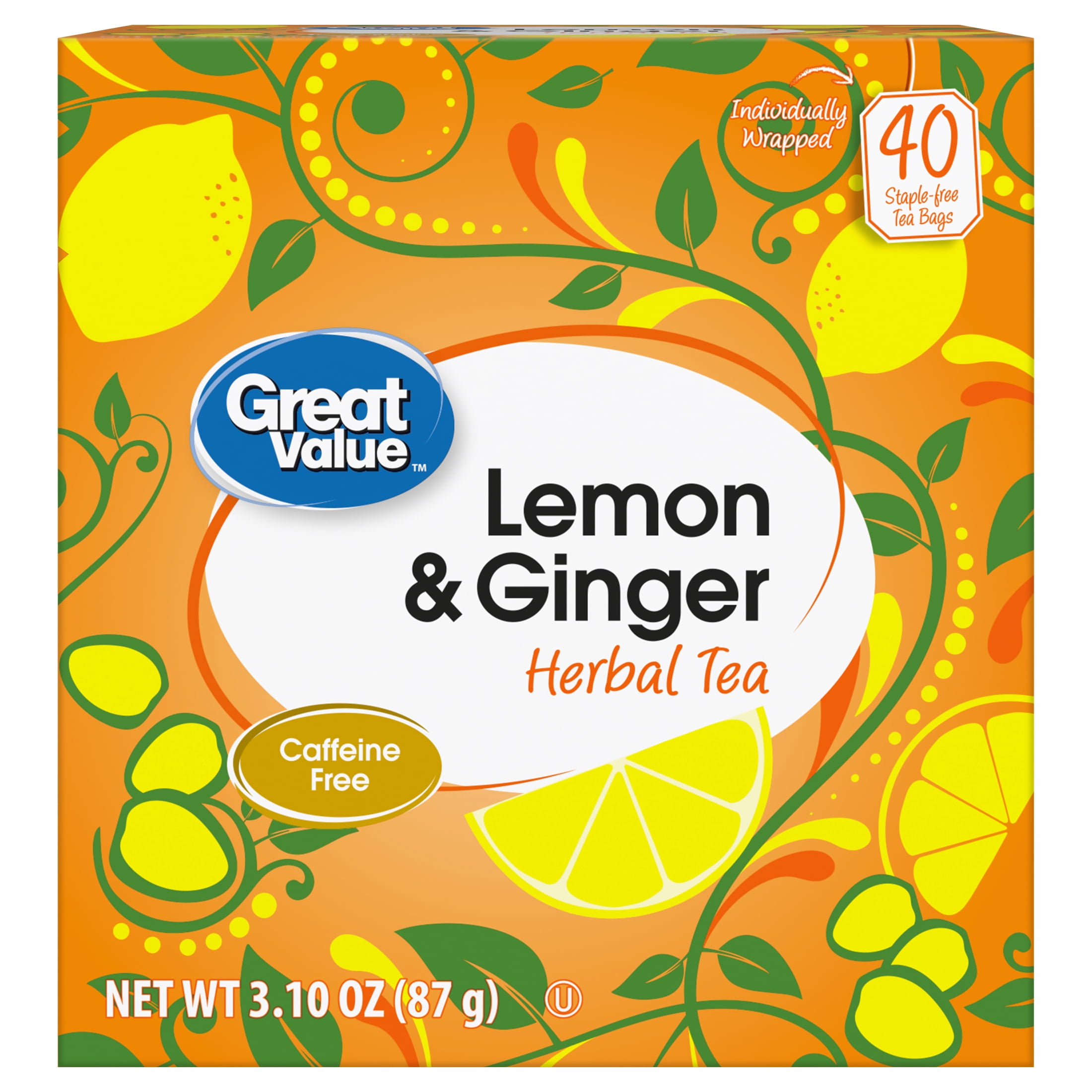 Great Value Lemon & Ginger Tea Bags, 40 Count