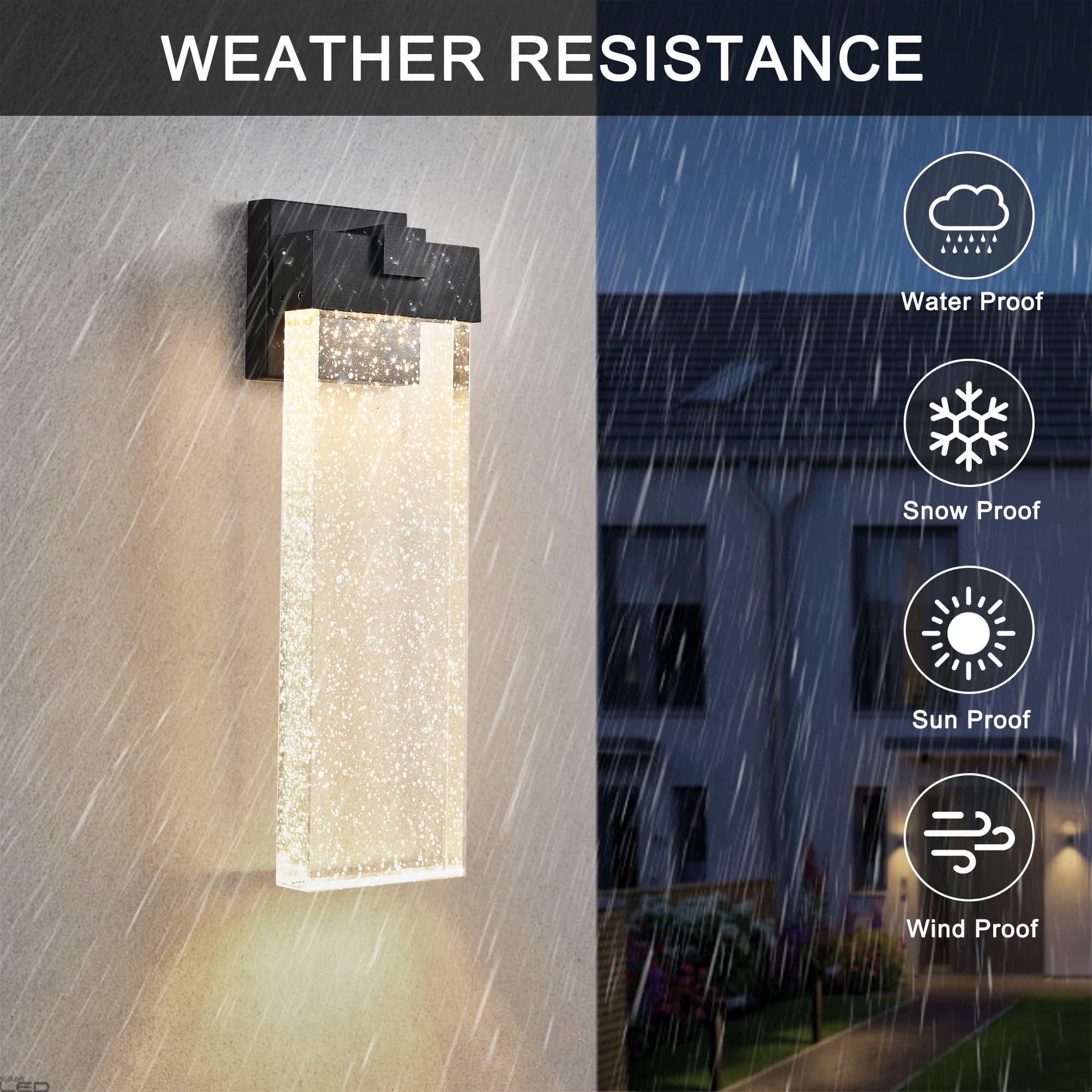 18.2" Front Door LED Outdoor Wall Sconce - Modern Black Aluminum & Bubble Crystal Glass Weatherproof Exterior Light Fixture, 3000K Warm White for Entryway, Garden, Porch