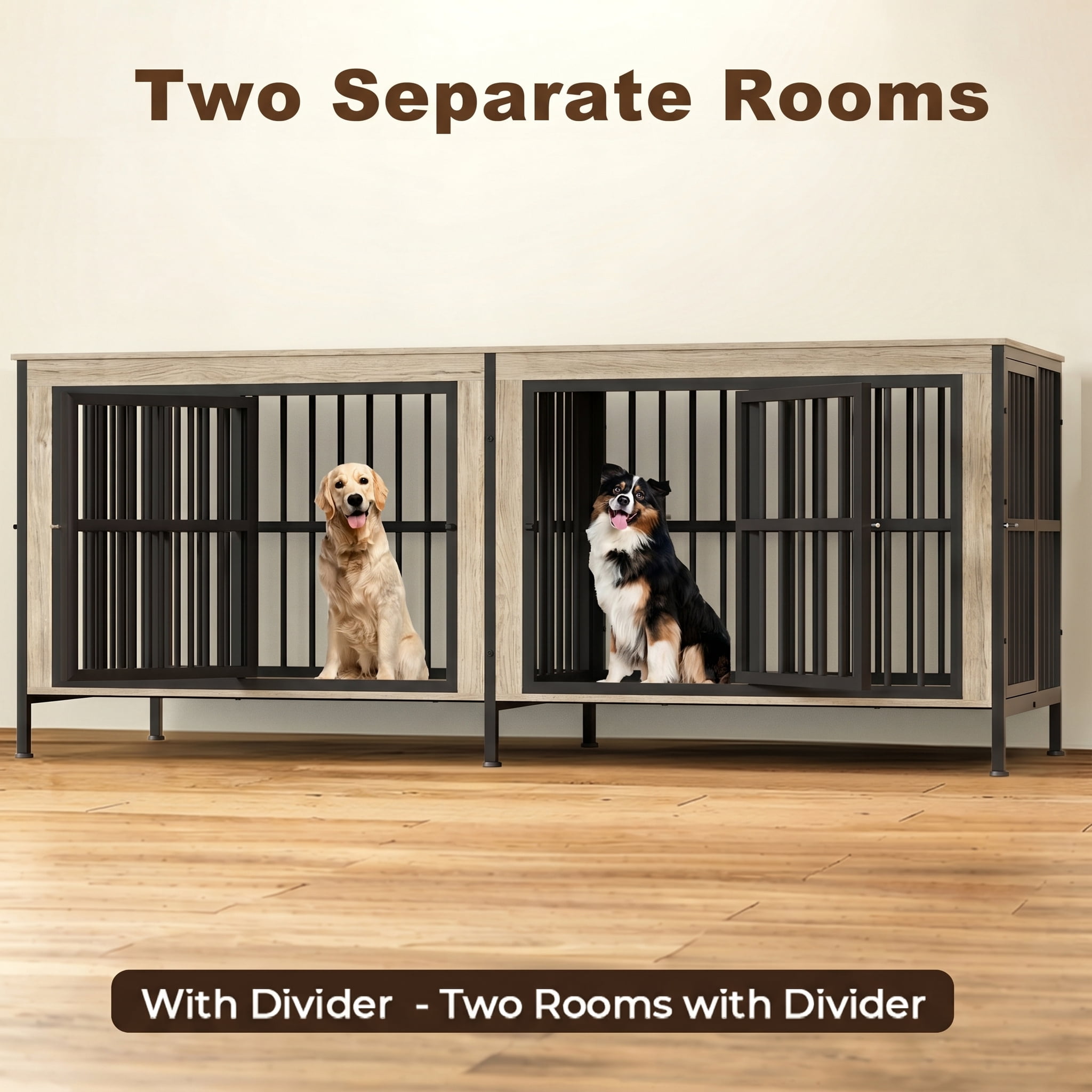 Ironovahome 88" Dog Crate Furniture for 2 Large Dogs with Sturdy Removable Divider and Double Doors, XXL Extra Large Indoor Dog Kennel, Thick Heavy Duty Wooden Dog Cage, Ivory