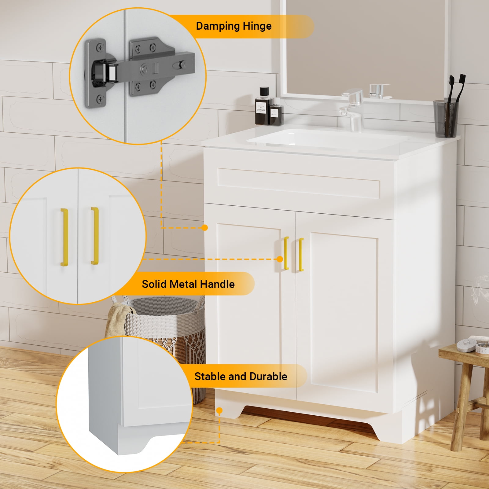 KZElegy 24" Bathroom Vanity with Sink Wooden Double Door Bathroom Storage Cabinet,Freestanding Cabinet Vanity with Ceramic Sink,White