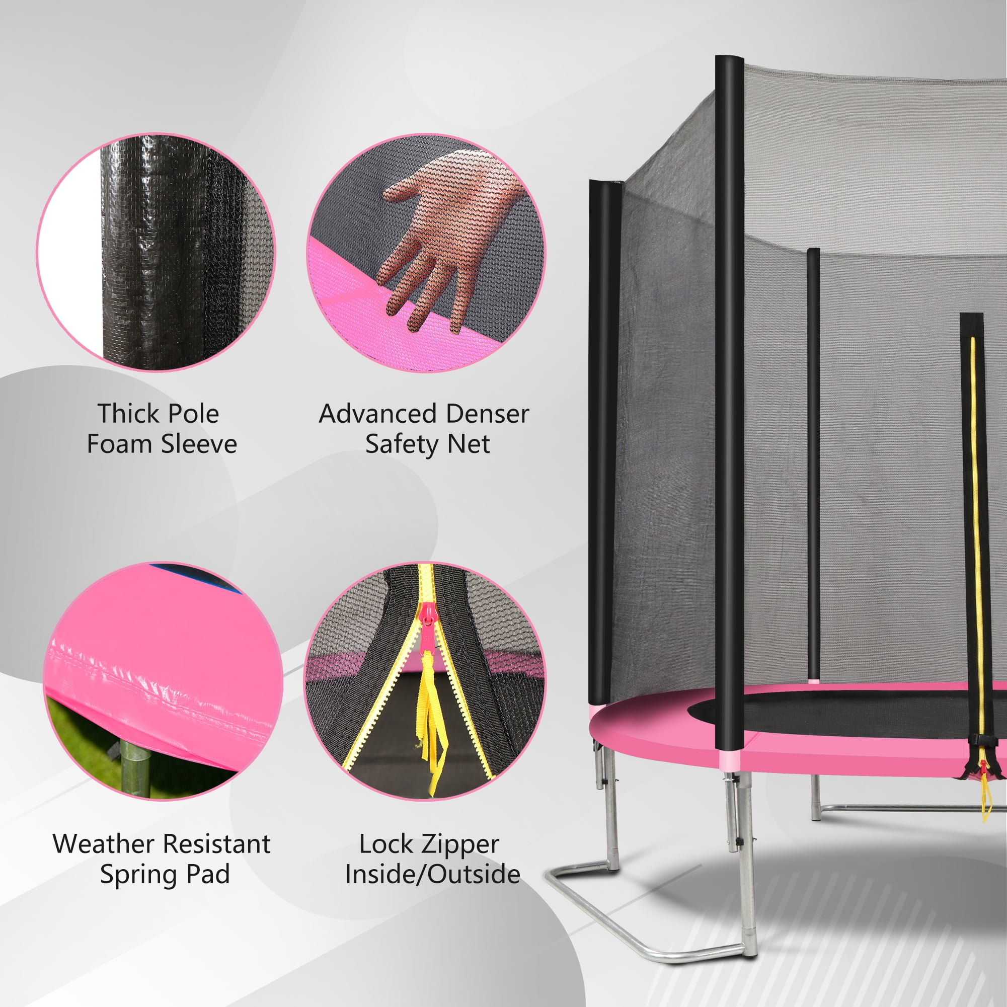 Witaxima YC 8FT Trampoline with Safety Enclosure Net, Heavy Duty Galvanized Steel Frame, 4 L-Shaped Legs for Stability, Pink and Black, ASTM & CPC Certified