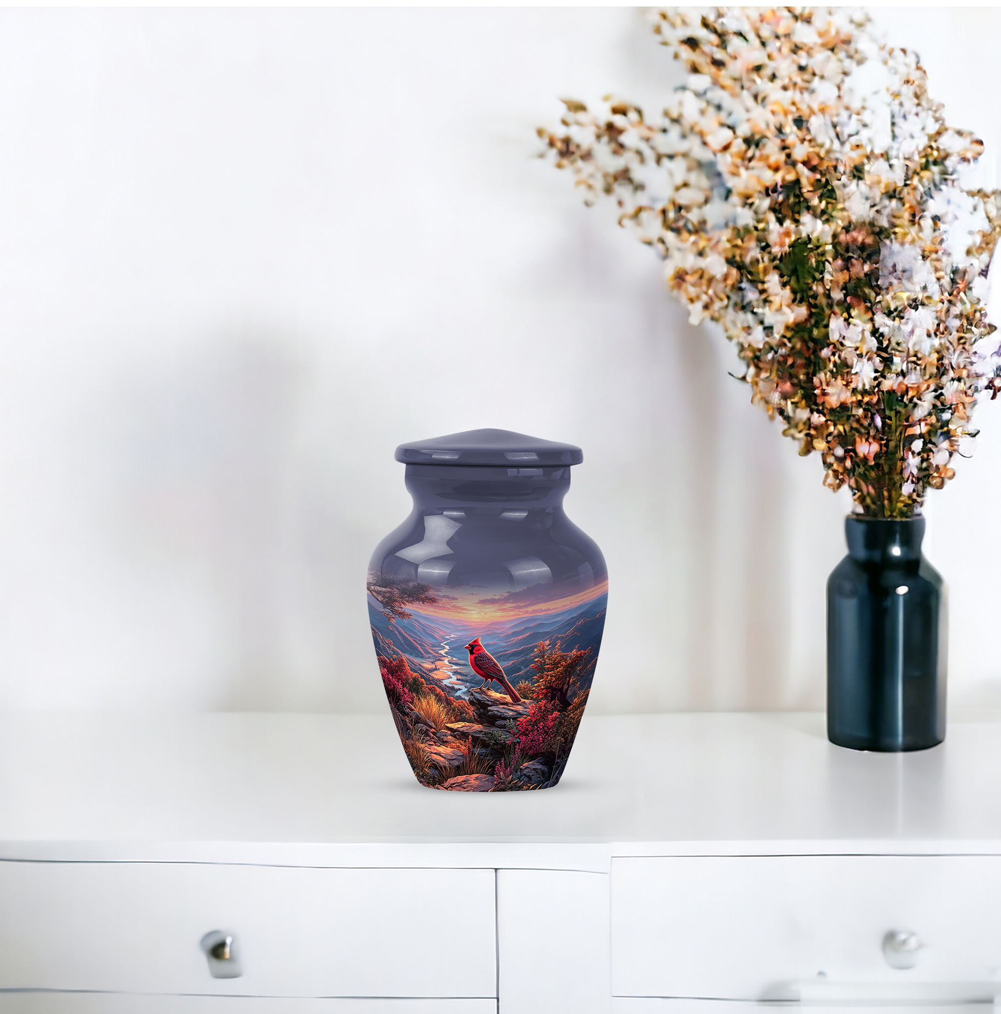 Cardinal Bird Small Urn For Human Ashes Adult Male - Cloud Keepsake Decorative Burial Urn For Women - Grey Funeral Tiny Urns For Memorial - Mini Sunset Cremation Urns For Adults 3 Inch