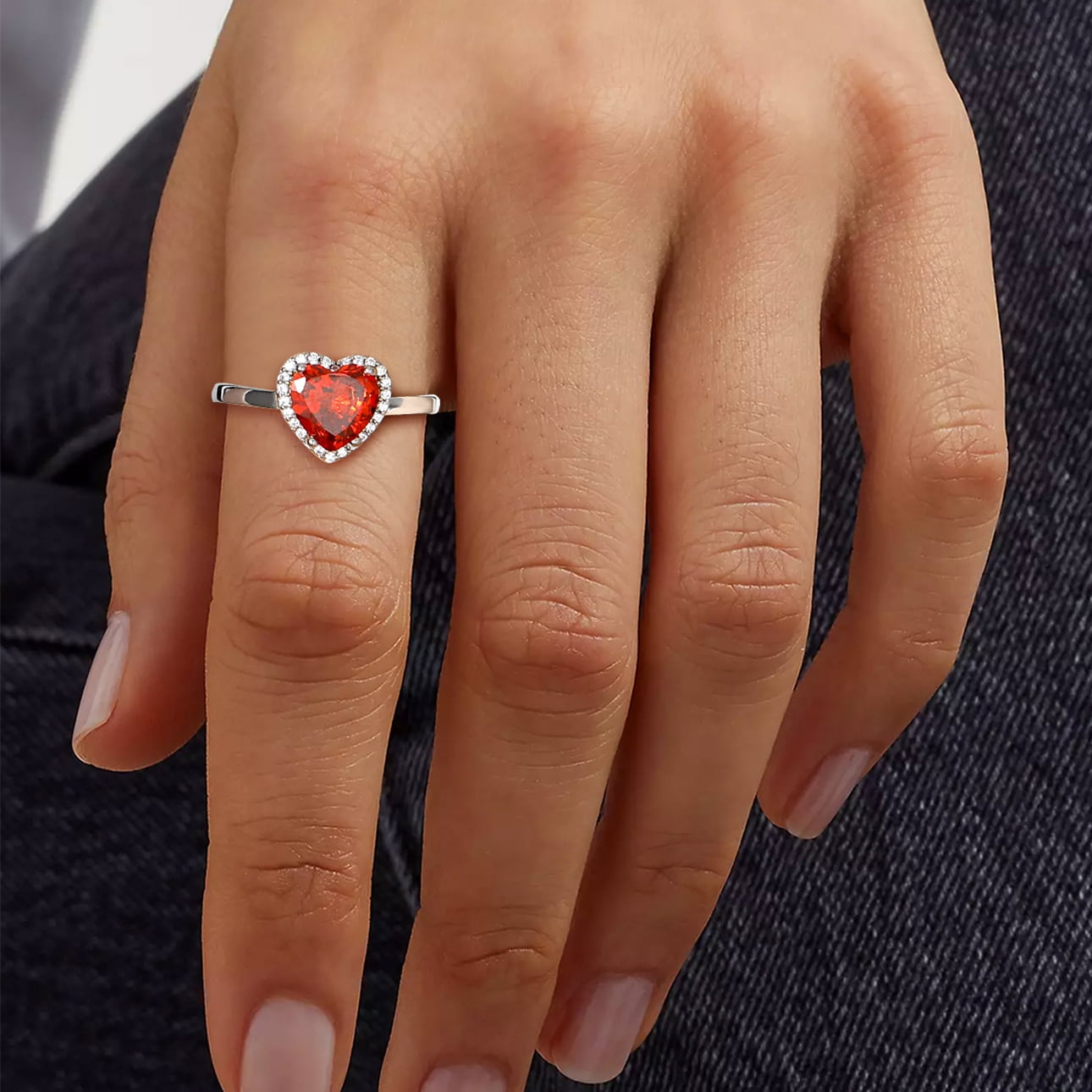 Bestyle Pure S925 Sterling Silver Heart Rings for Women Sparkle Open Band Ring July Created Ruby Rings Mother's Day Gift Size 6-12