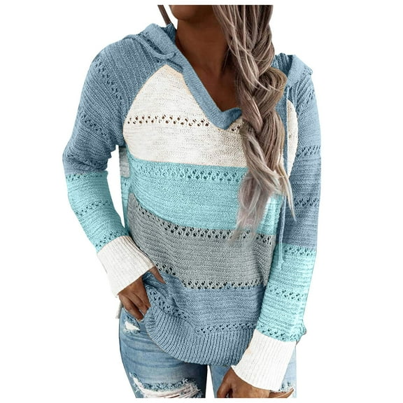 Xudanell Women's Sweaters Color Block Knit Pullovers Long-Style Fall Hoodies Sweaters for Women Trendy Blue XXXXL