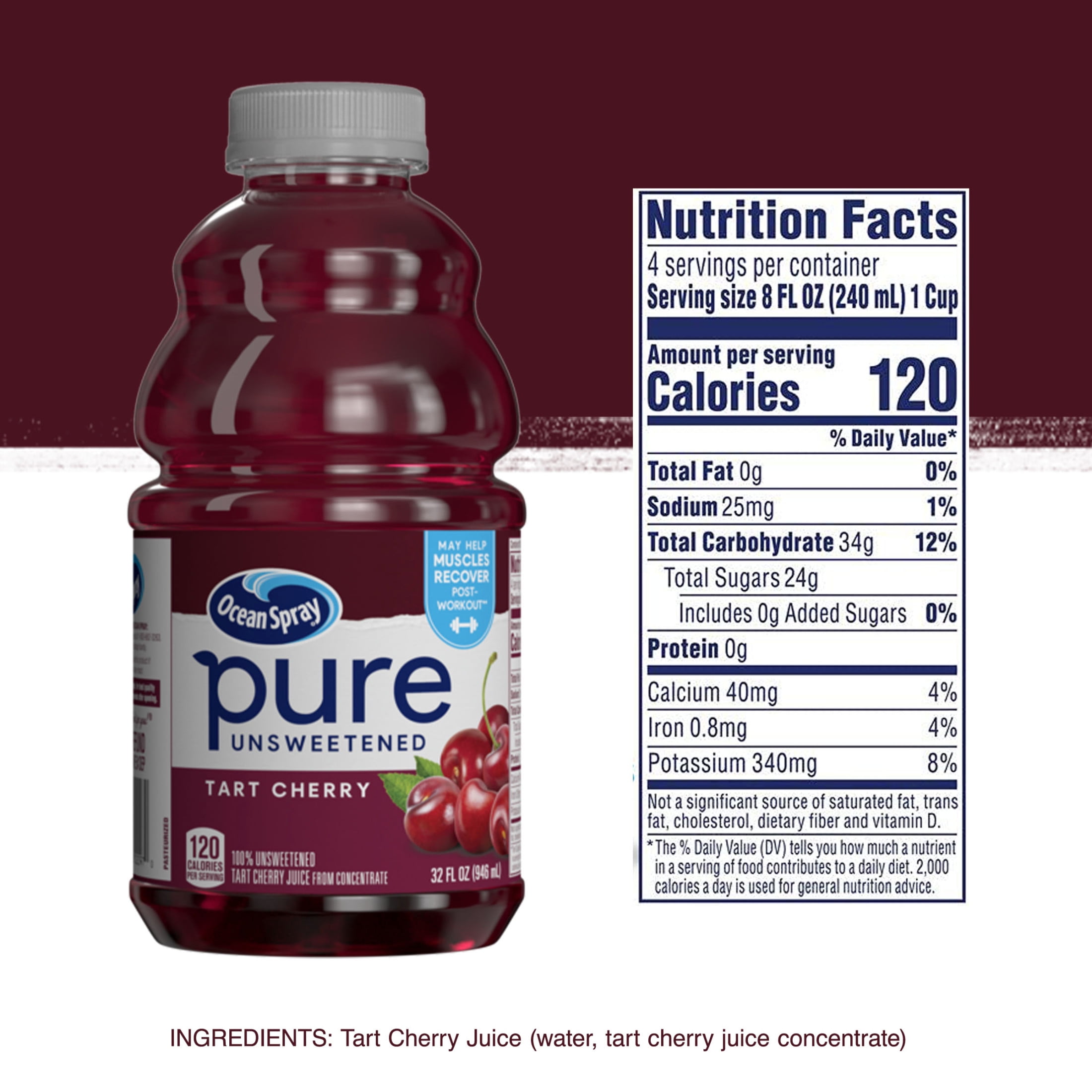 Ocean Spray® Pure Unsweetened Tart Cherry, 100% Tart Cherry Juice, 32 fl oz Bottle