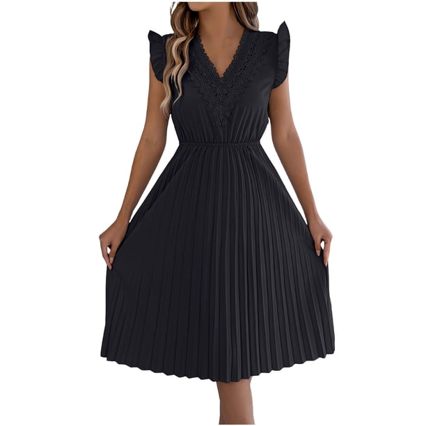 Vestido de Verano Casual de Mujer con Cuello en V Cintura Plegada sin Mangas Medias de Ternera Encaje Vestido de Verano para Mujeres