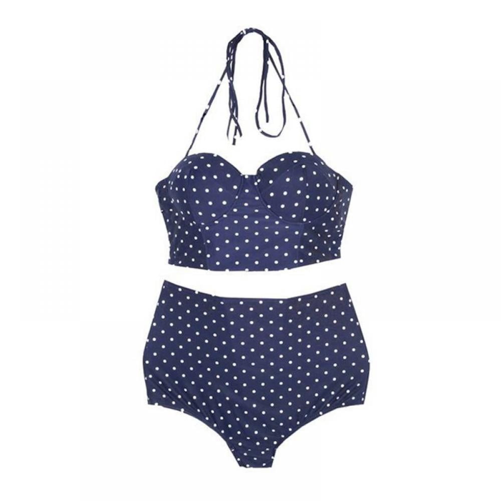 Women Vintage Two Piece Swimsuits High Waisted Bathing Suits With Underwired Top Dot Print Simple High Waist Halter Cross Strap Bandage Split Bikini Set Swimsuit Walmart Com