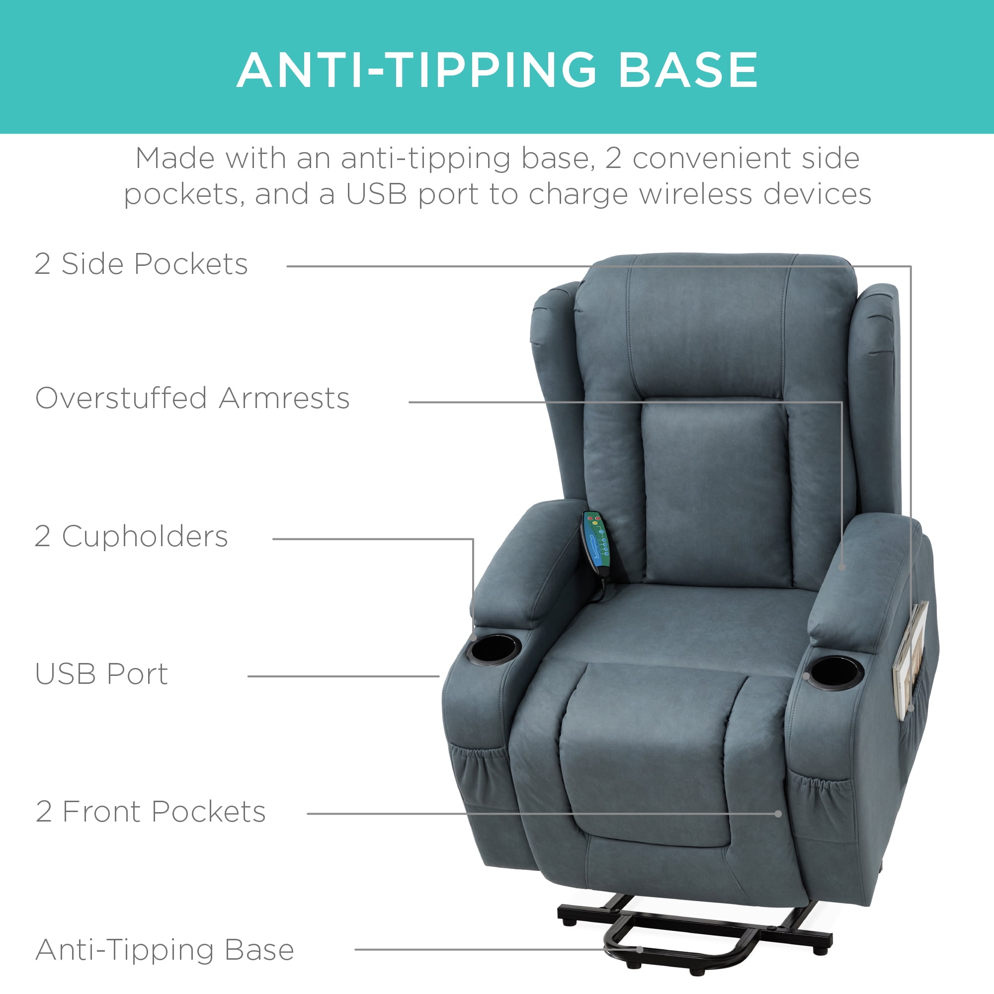 Best Choice Products Electric Power Lift Recliner Massage Chair Furniture w/ USB Port, Heat, Cupholders - Blue