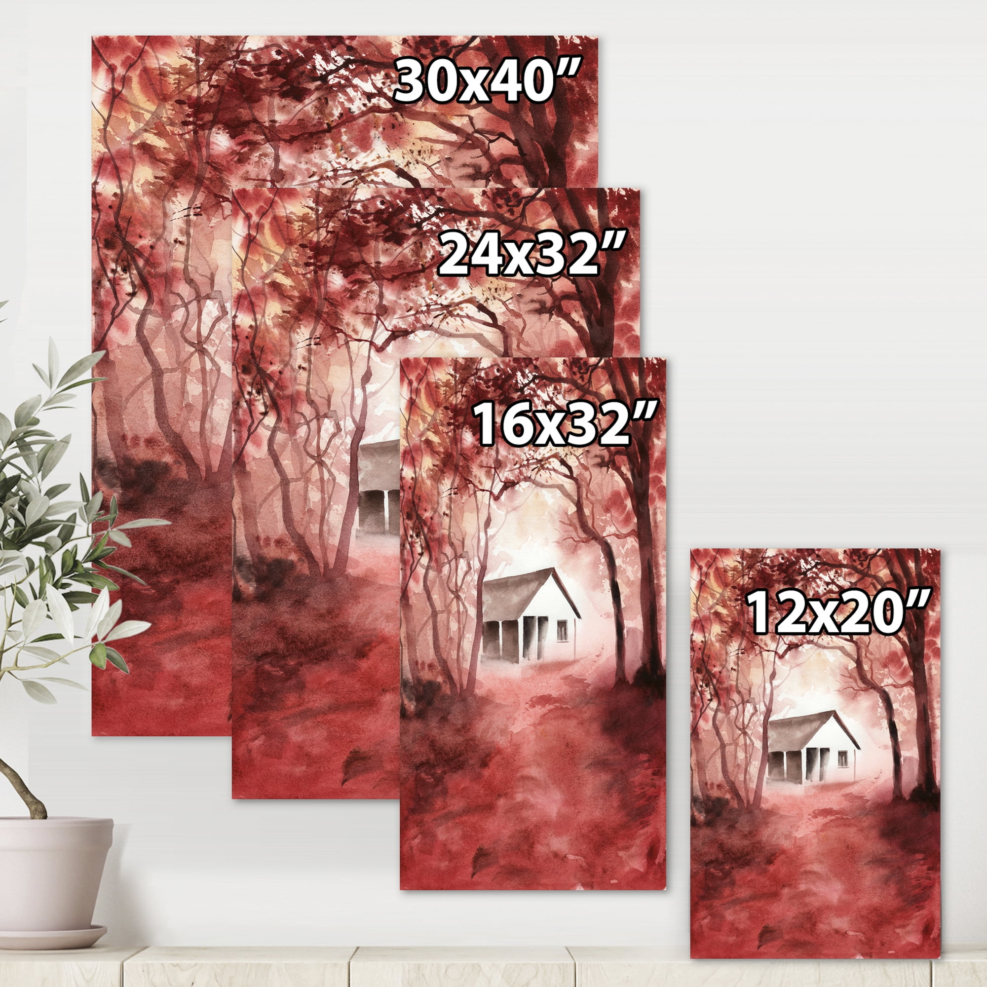 Designart ' Red Autumn Woods and A House in Wild ' Cabin & Lodge Canvas Wall Art Print