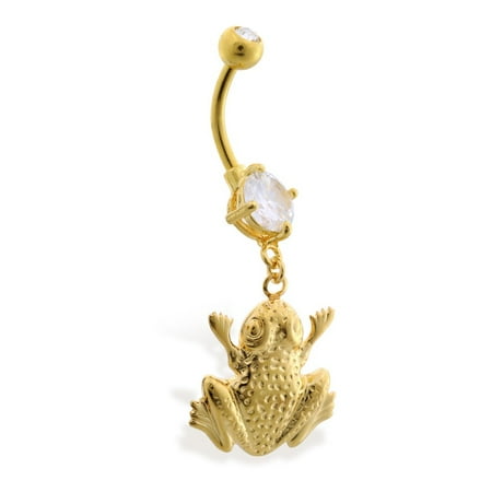 - Gold Tone Belly Button Ring With Dangling Frog