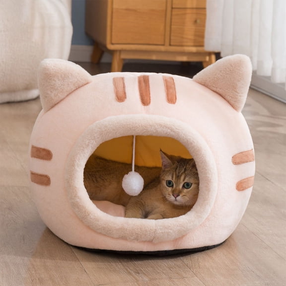FastXmas Cat Bed, Cat Head Shaped Bed, Kennel Kitten Bed Hideout House Warm Soft Comfortable Semi-Closed Cat Dog Nest Machine Washable Pet Bed Pink