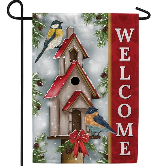 America Forever Winter Bird Birdhouse Welcome Garden Flag, 12.5 x 18 inch Double Sided, Cardinals Birds Banner, Snow Outdoor Decor, Wildlife Yard Decorations, Red Welcome Sign Nature Design
