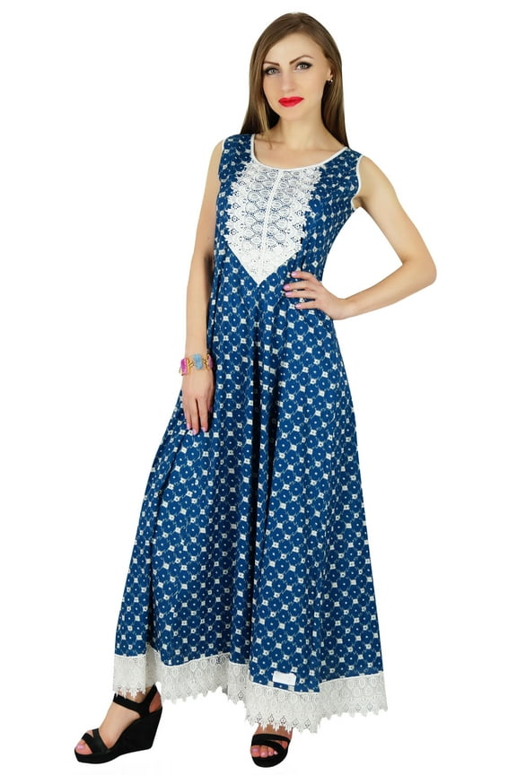 Women Blue Cotton Anarkali Kurti Long Maxi Kurta Sleeveless Casual Wear