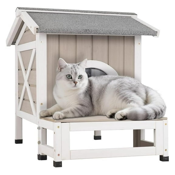 Insulated Outdoor Cat House Weatherproof Feral Cat Shelter for Winter Outside Cat Houses for 1-2 Cats Indoor Pets Condo with Waterproof Roof & Escape Door, 6.3" Raised Base & Balcony