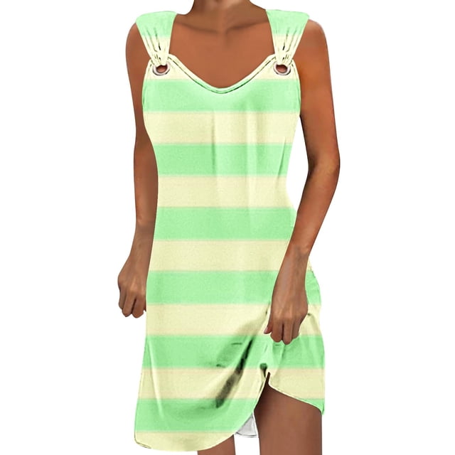 Annhoo Robe d'Été Mini pour Femmes, Décontractée, Ample, à Rayures Imprimées, Col en V, Sans Manches, Robe Débardeur, Plage, Courte