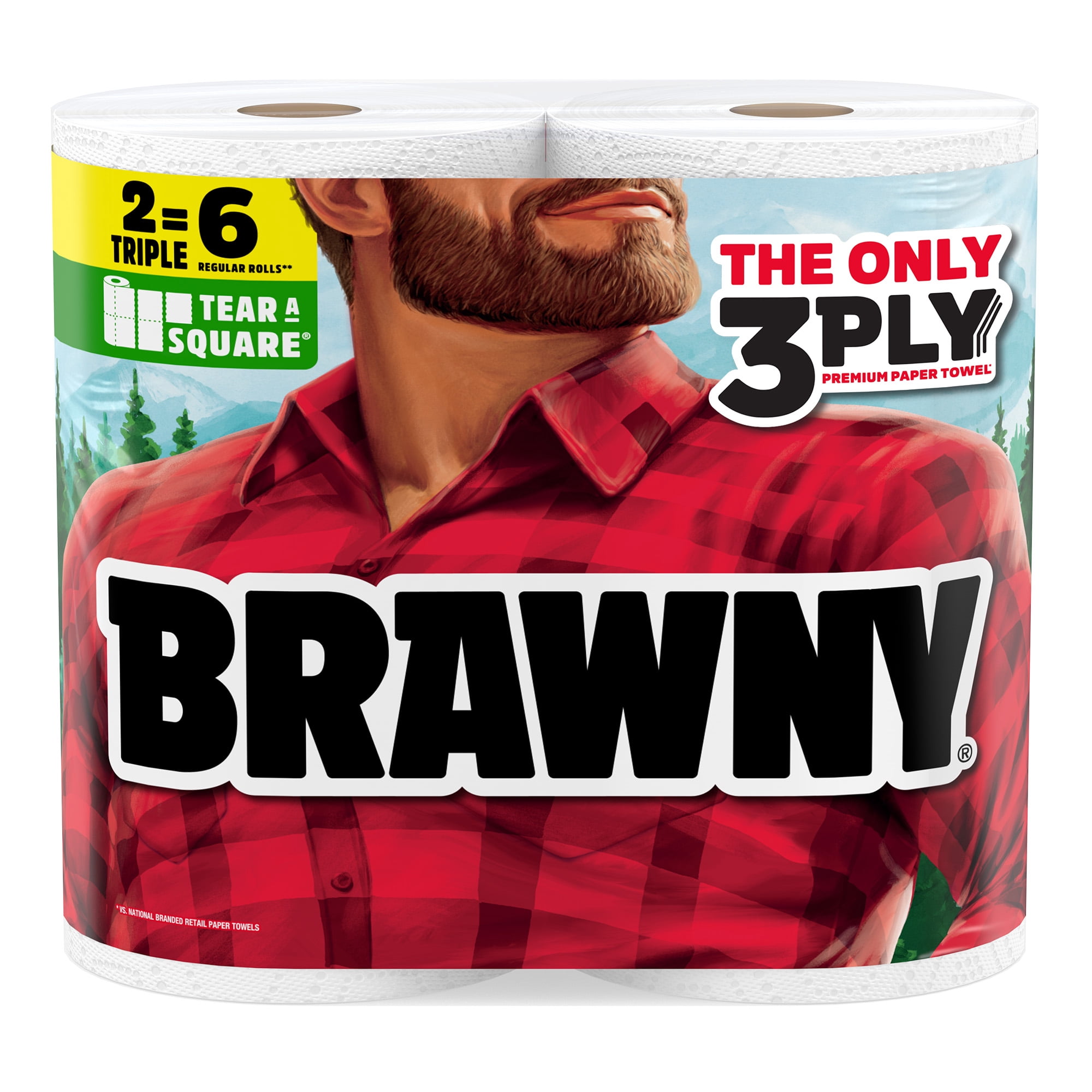 Brawny Tear-A-Square 3-Ply Paper Towels, 2 Triple Rolls, 114 Sheets per Roll
