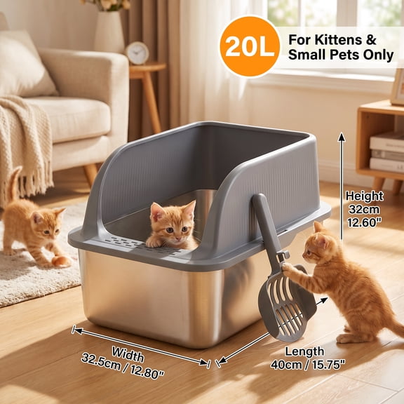 Stainless Steel Open Cat Litter Box, Low‑Entry Kitten Litter Pan with Scoop, Anti‑Splashing Metal Toilet for Kittens & Small Pets