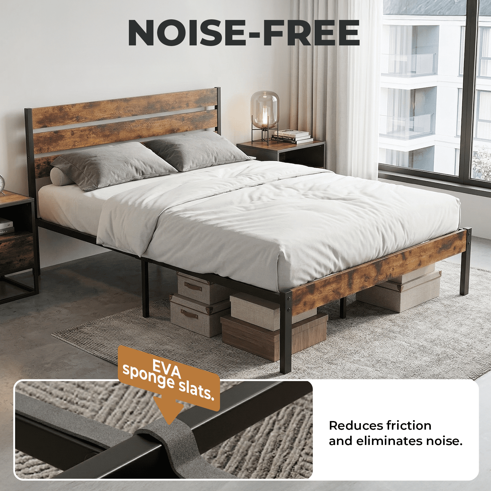 Alvantor Metal Platform Bed Frame with Headboard & Footboard - No Box Spring Needed, 800LBS Sturdy Wooden Slats Support, Industrial Style