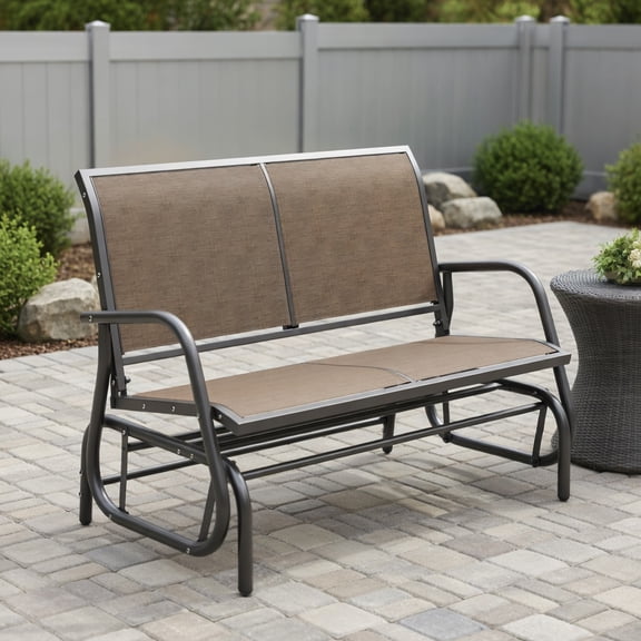 Resenkos 2-Person Outdoor Glider Bench – Steel Frame Rocking Loveseat with Breathable Mesh Seat – Light Mixed Brown Patio Swing Chair for Porch, Backyard & Garden