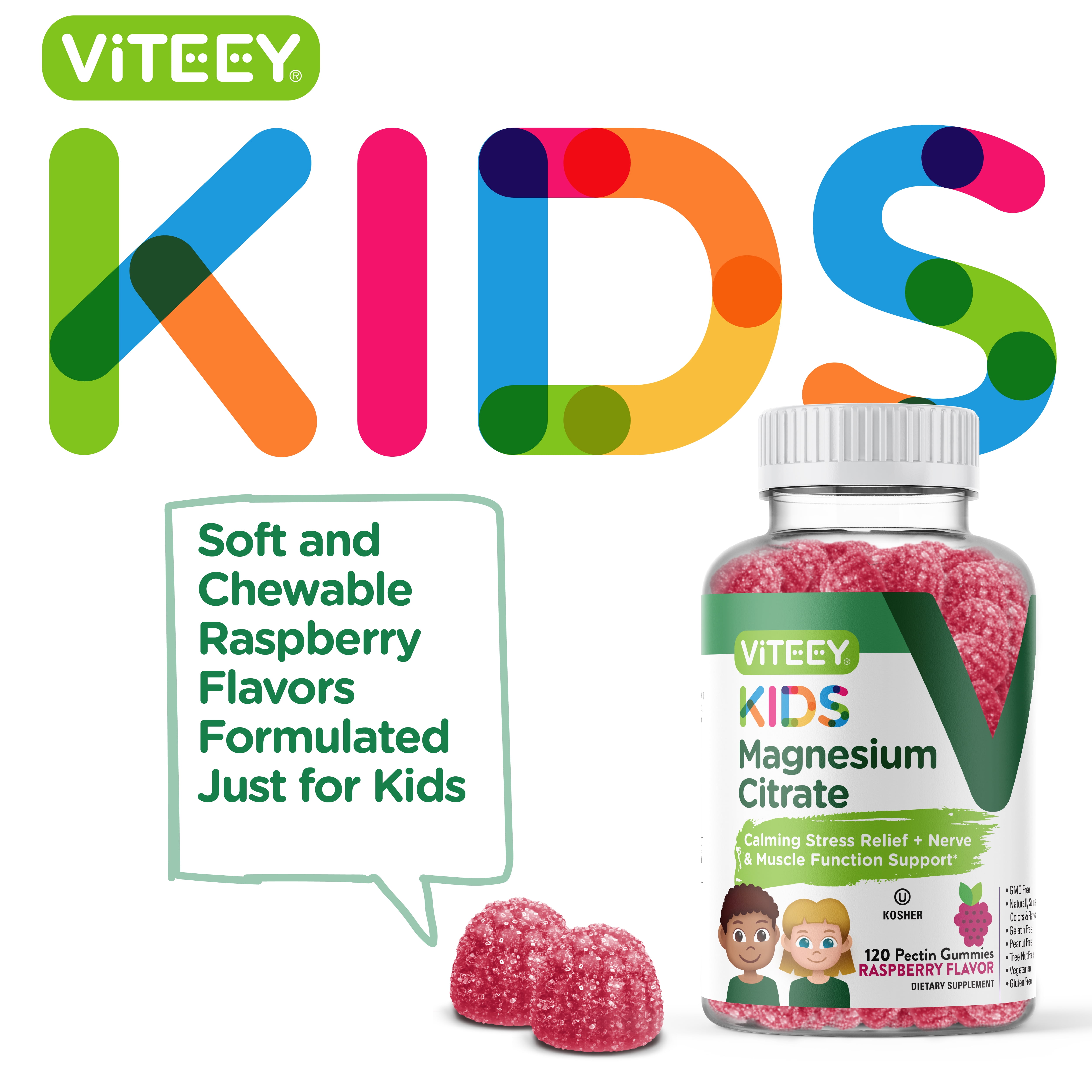 Viteey Kids Magnesium Gummies, Calm Magnesium Supplements, Raspberry Flavor, 120ct