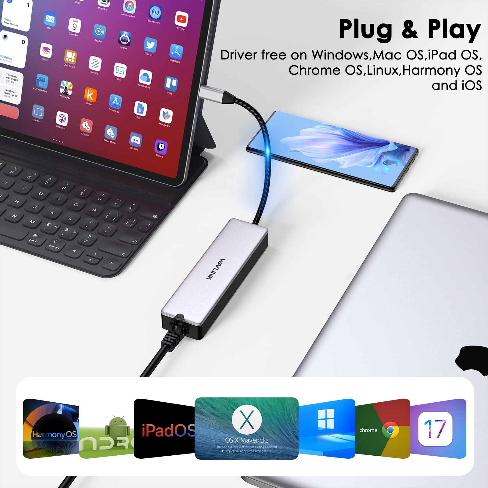 WAVLINK 4-in-1 USB-C Ethernet Hub, USB 3.2 Gen2 Hub with 1*10Gbps USB-C, 2*10Gbps USB-A and a 2.5Gbps Ethernet Port, Plug & Play