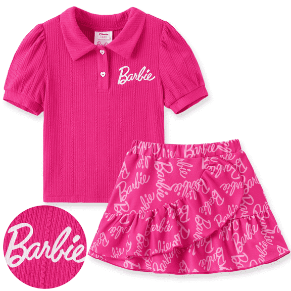 Barbie Toddler Girls 2 Piece Outfit Set Rib Knit Polo Shirt Puff Sleeve Ruffle Tiered Allover Print Skirt Sizes 3Y