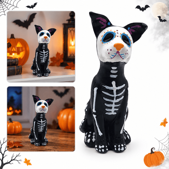 Wdhugt Halloween Skeleton Dog Figurine, 5.5 in Resin Sugar Skull Dog Statue, Black Tabletop Decor for Mantel Shelf Desk Home Party