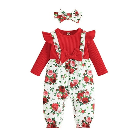 

Baby Newborn Infant Spring Autumn 2 Year Old Long Sleeved Floral Headbands Romper Red Floral Clothing Baby Clothes