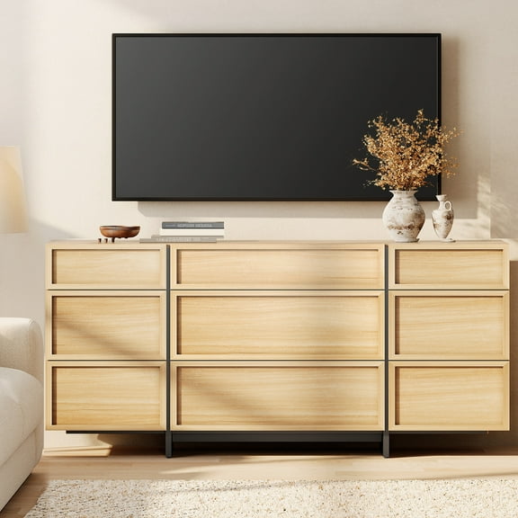 WAMPAT Modern TV Stand for TVs up to 70 inch, Entertainment Center TV Console Table with 9 Drawers and T-Shaped Wood Legs, Media Console for Living Room, Bedroom, Oak