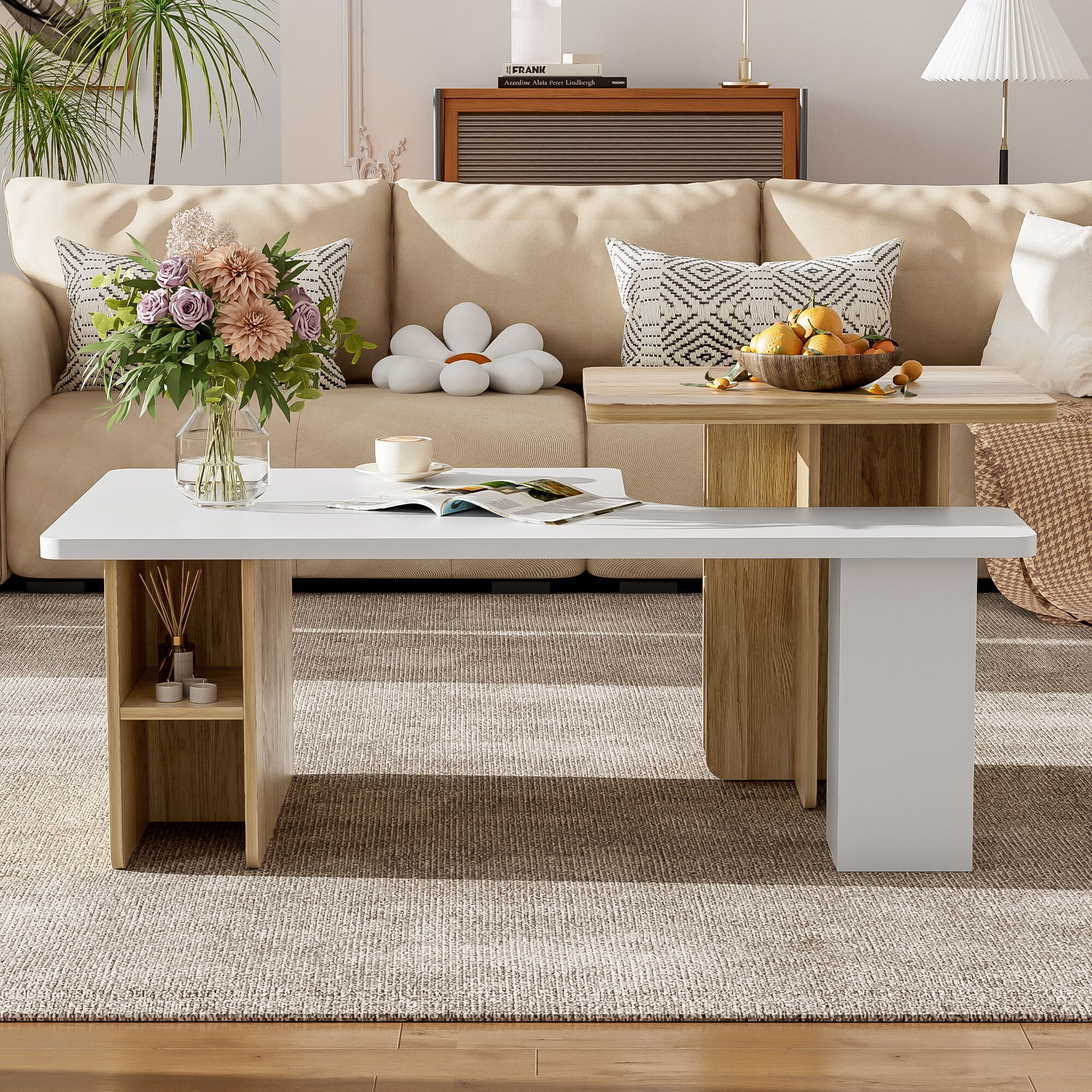 AENKYO Modern Nesting Coffee Table Set, 2-Piece Wood Grain End Tables with Open Shelves for Living Room, White